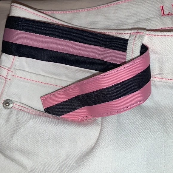 L.L. Bean White Jeans: Pink Stitching accents, Ribbon belt, Bootcut & Wider Leg - Picture 10 of 12